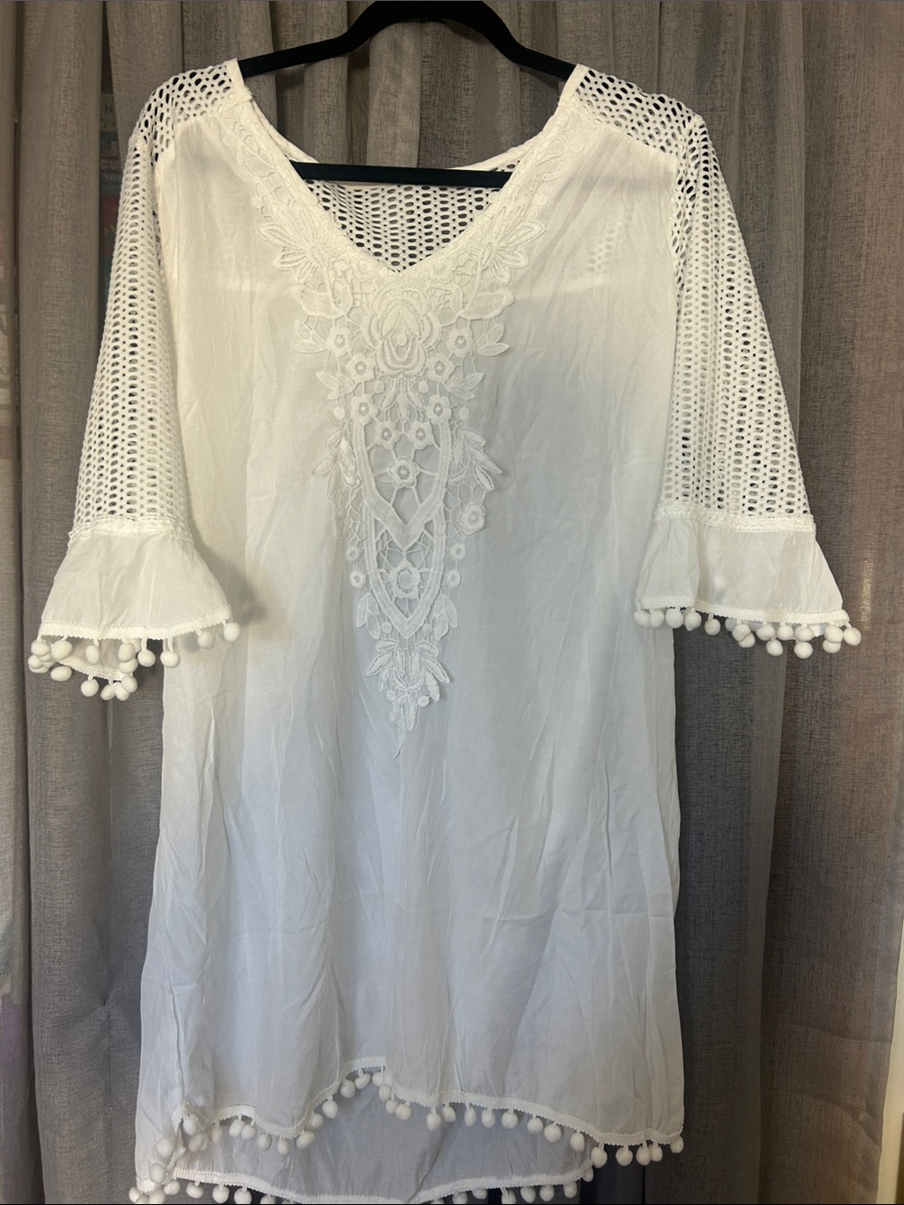 White Pom-Pom Embroidered V-Neck Swim Coverup